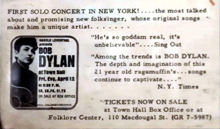 Town Hall nyc 12 april 1963 Bob Dylan flyer